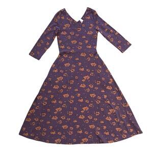 Pact Fit & Flare Midi Dress Sz XS Purple Floral Pattern Pockets